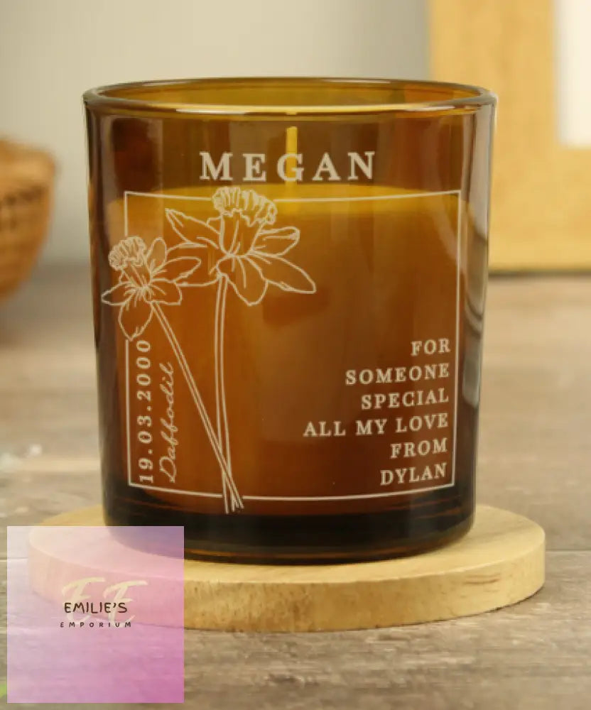 Personalised March Birth Flower Amber Glass Candle