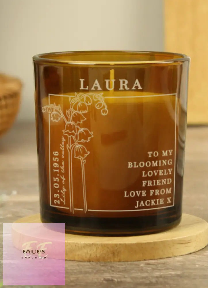 Personalised May Birth Flower Amber Glass Candle