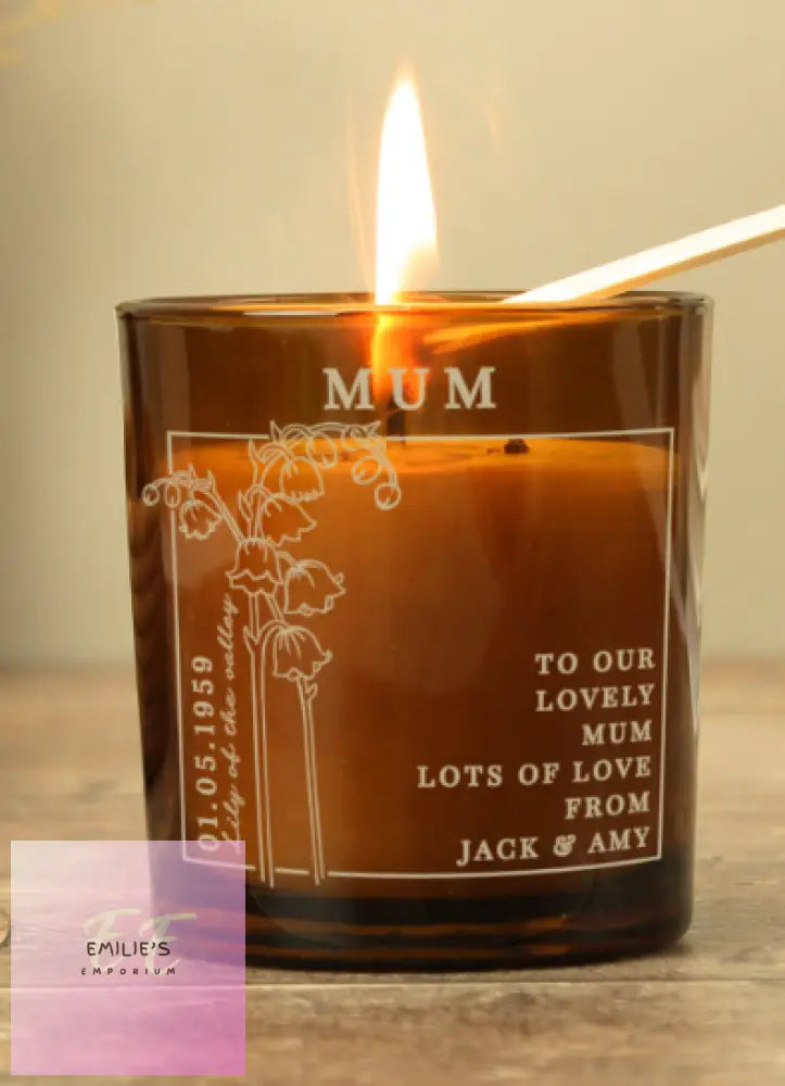 Personalised May Birth Flower Amber Glass Candle