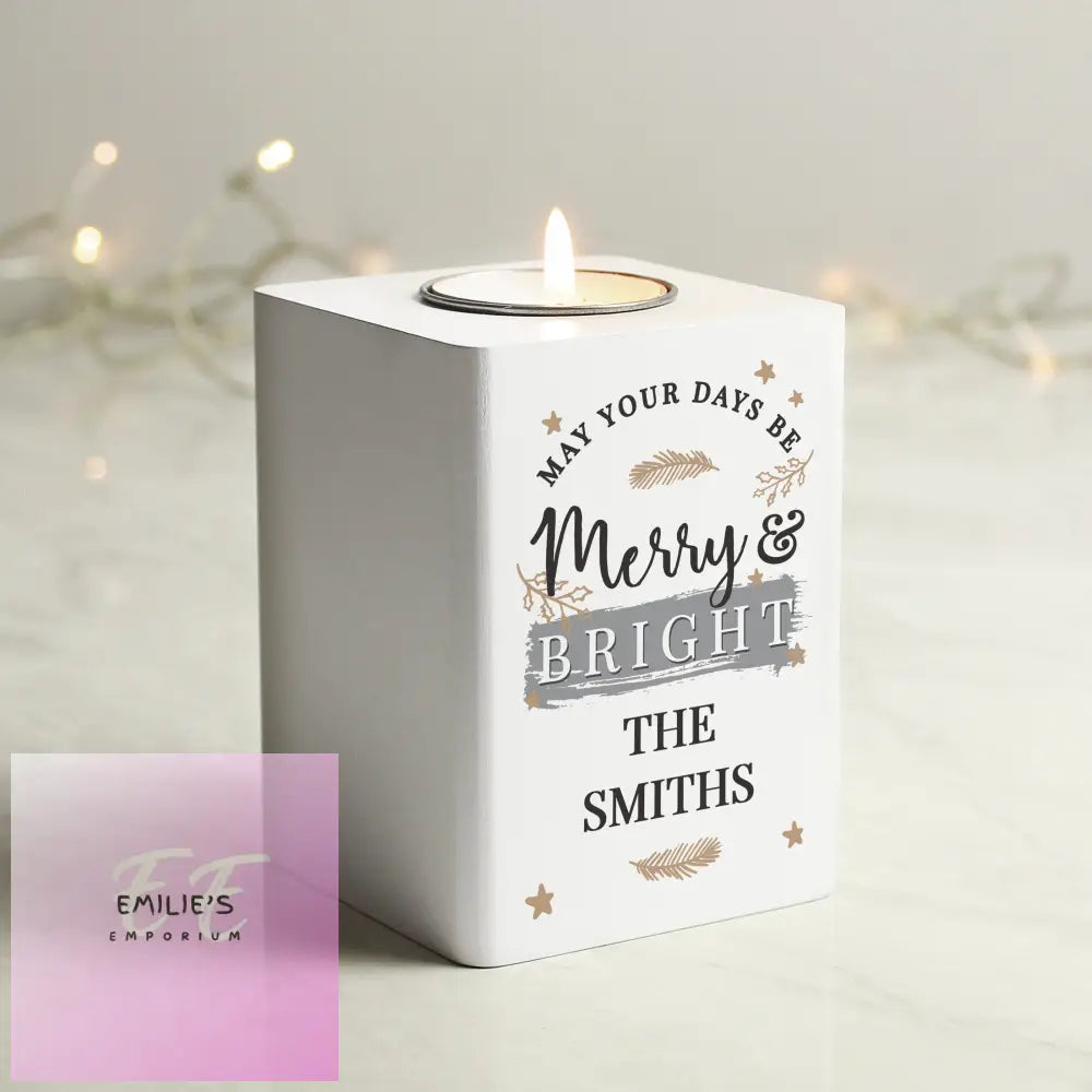 Personalised Merry & Bright White Wooden Tea Light Holder