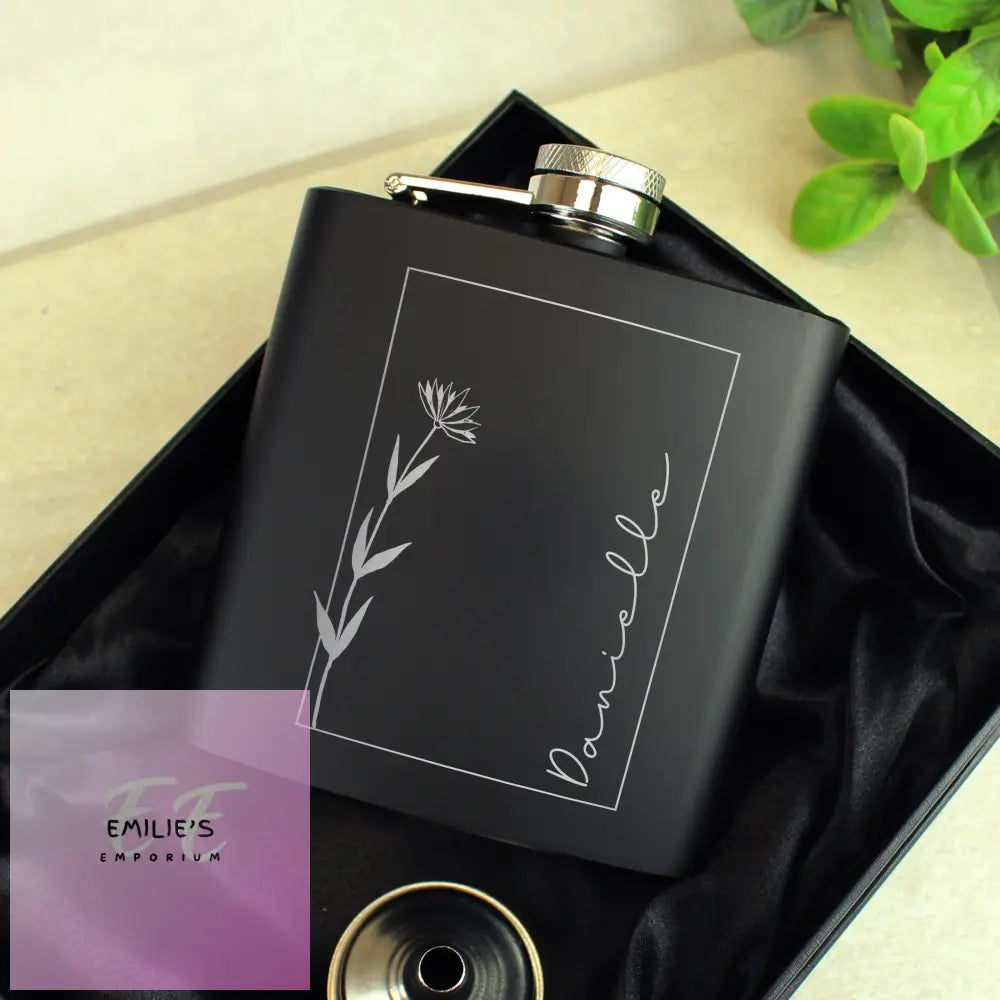 Personalised Monochrome Floral Name Wedding Party Black Hip Flask