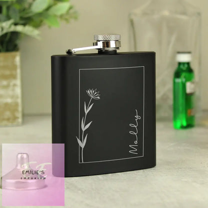 Personalised Monochrome Floral Name Wedding Party Black Hip Flask