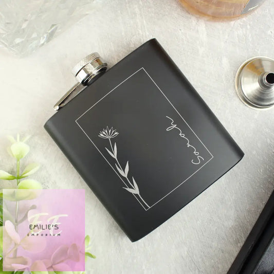 Personalised Monochrome Floral Name Wedding Party Black Hip Flask