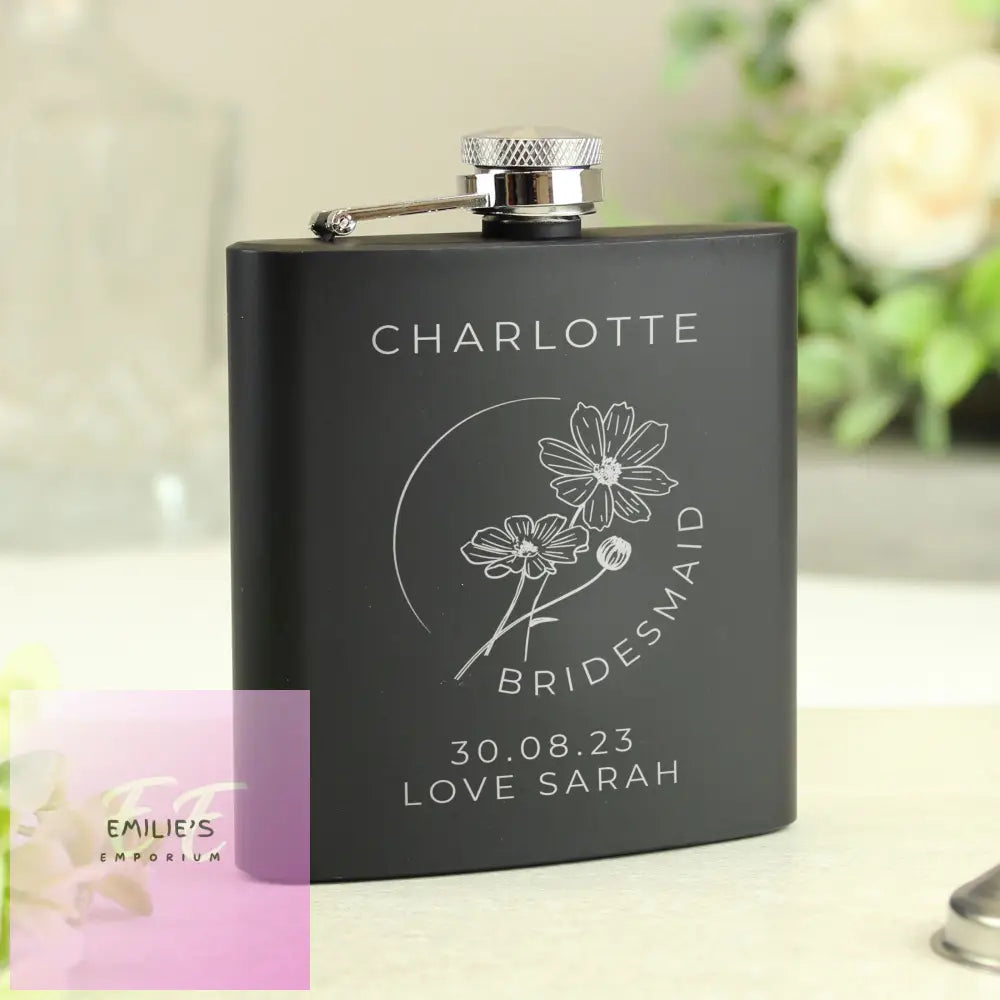 Personalised Monochrome Floral Wedding Party Black Hip Flask