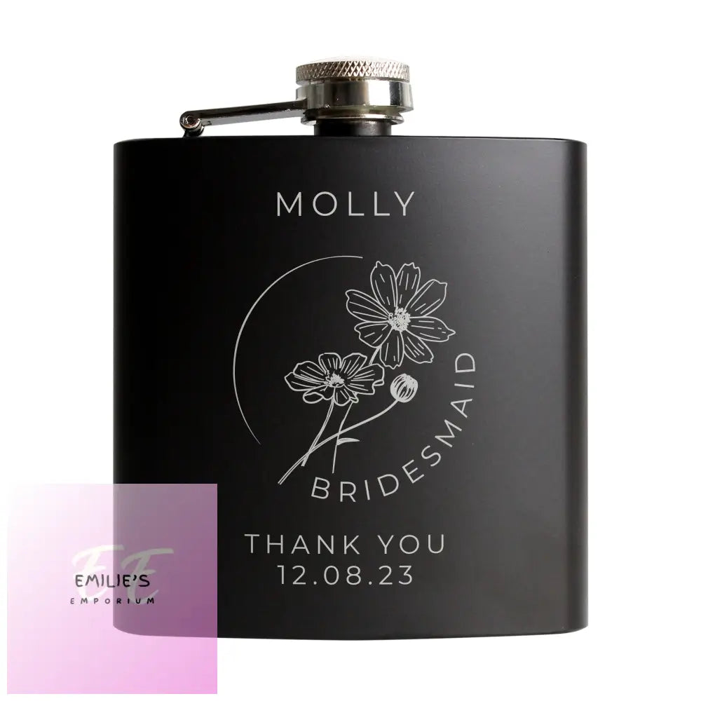 Personalised Monochrome Floral Wedding Party Black Hip Flask