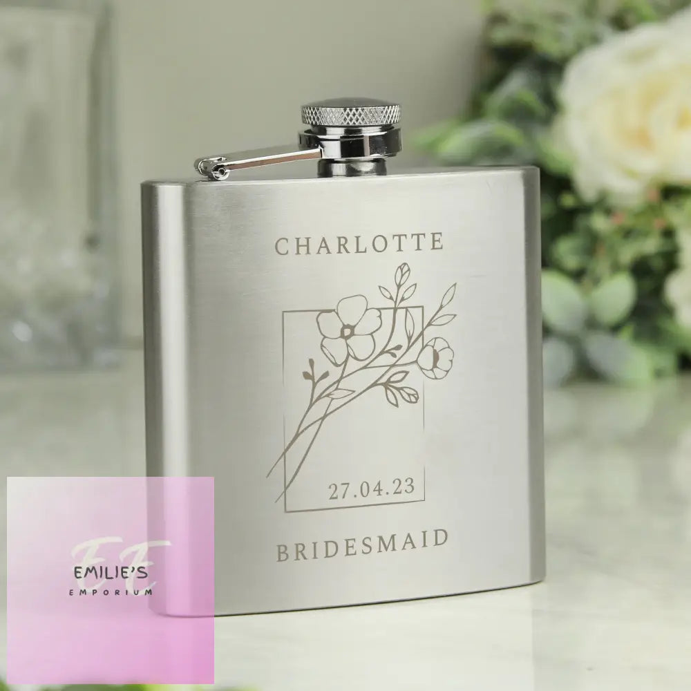 Personalised Monochrome Floral Wedding Party Hip Flask