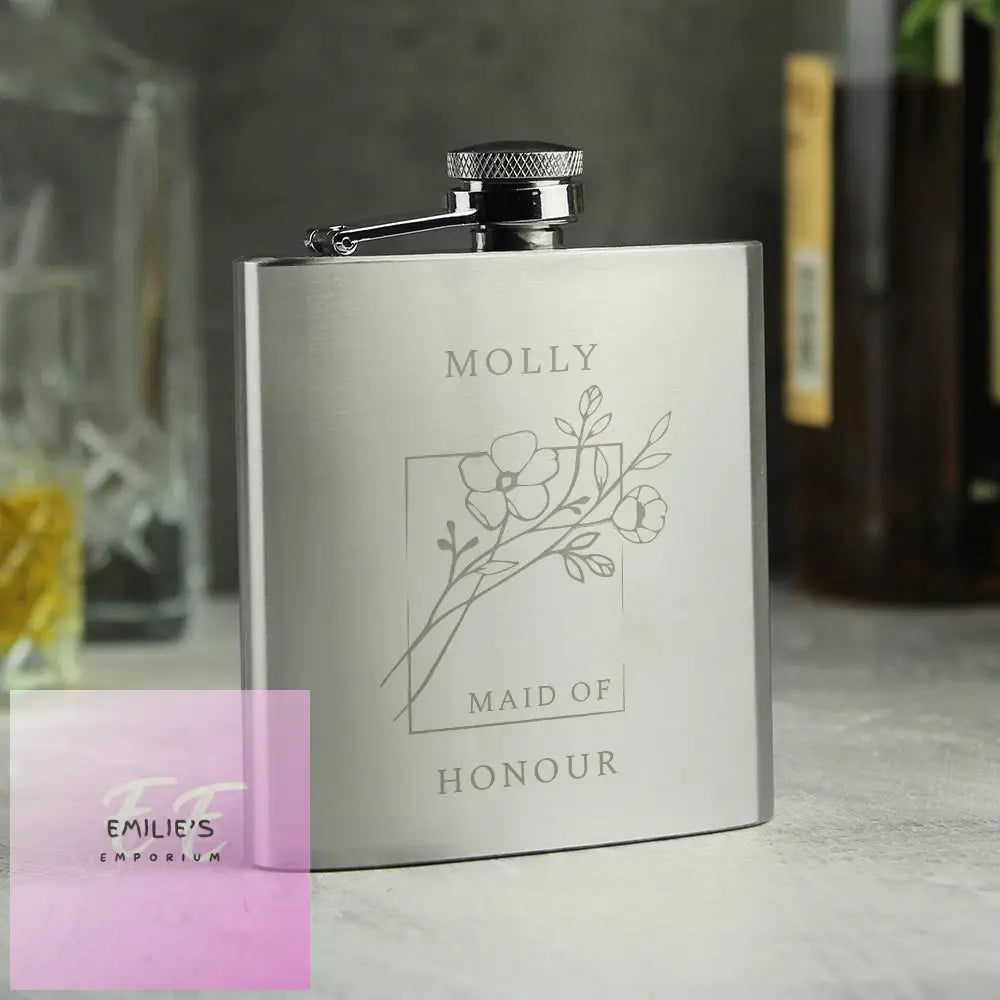 Personalised Monochrome Floral Wedding Party Hip Flask