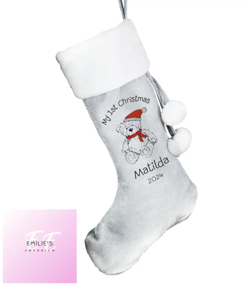 Personalised My 1St Christmas Teddy Silver Grey Stocking