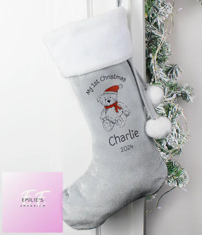 Personalised My 1St Christmas Teddy Silver Grey Stocking