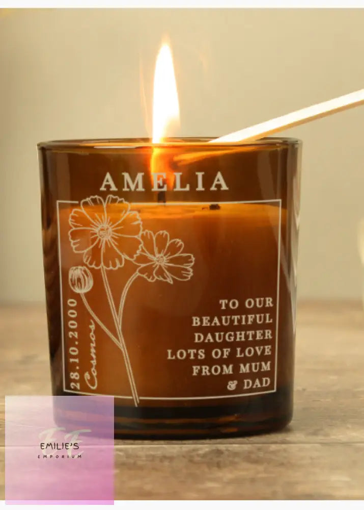 Personalised October Birth Flower Amber Glass Candle