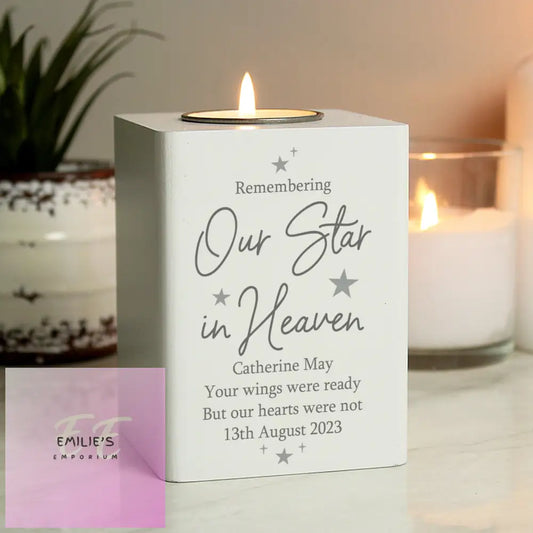 Personalised Our Star In Heaven White Wooden Tea Light Holder
