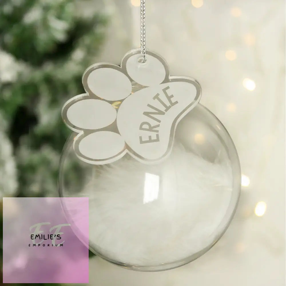 Personalised Pets White Feather Glass Bauble With Paw Print Tag