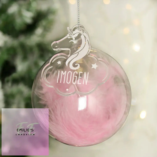 Personalised Pink Feather Glass Bauble With Unicorn Tag