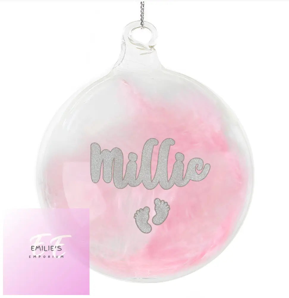 Personalised Pink Feather Silver Footprints Glass Bauble