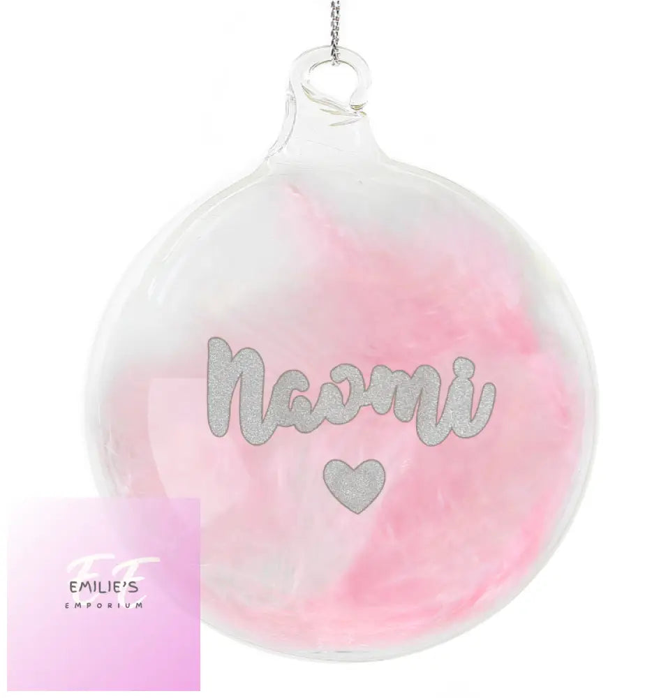 Personalised Pink Feather Silver Heart Glass Bauble