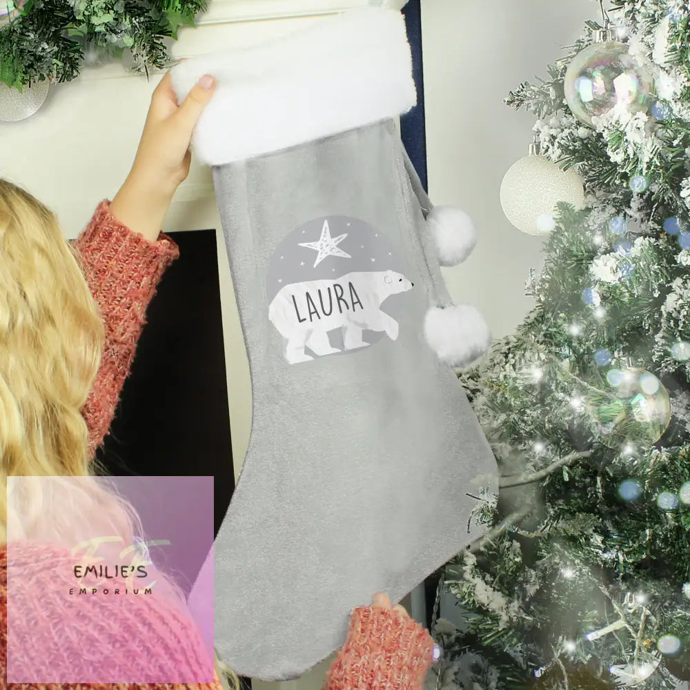 Personalised Polar Bear Luxury Silver Grey Stocking