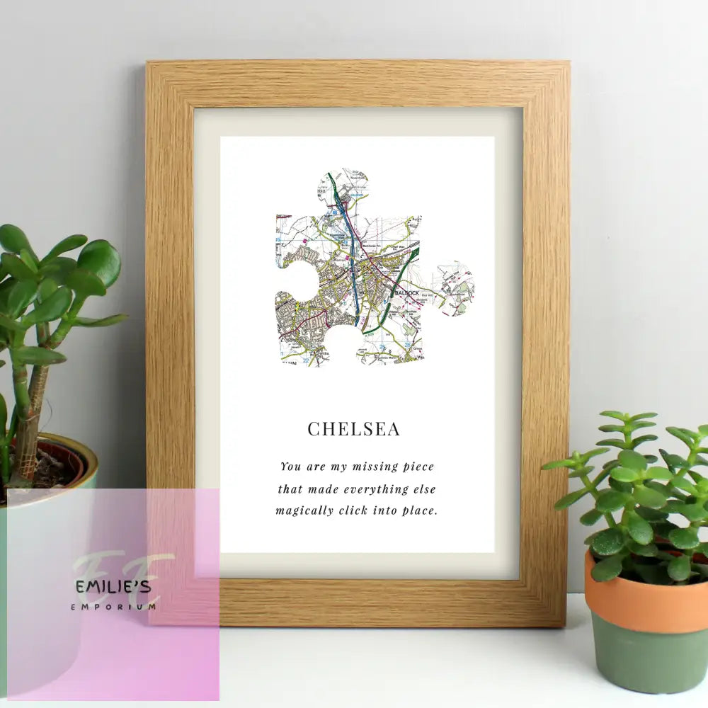 Personalised Present Day Map Puzzle Piece A4 Oak Framed Print