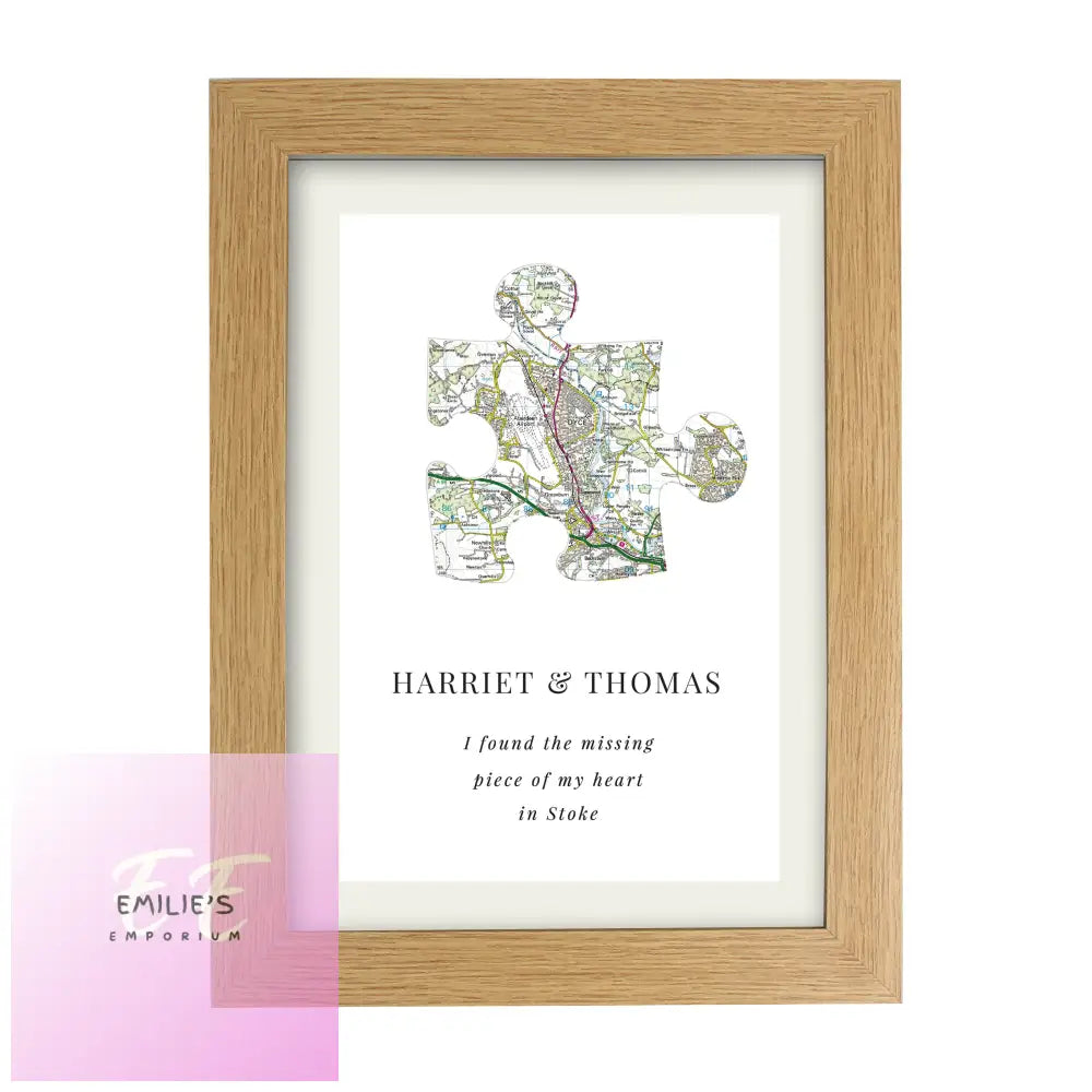 Personalised Present Day Map Puzzle Piece A4 Oak Framed Print