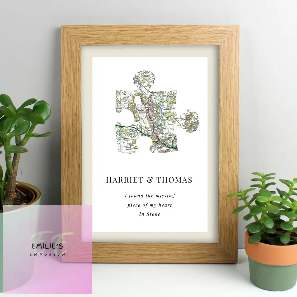 Personalised Present Day Map Puzzle Piece A4 Oak Framed Print