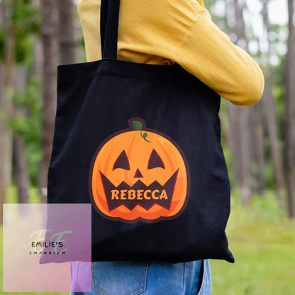 Personalised Pumpkin Halloween Treats Black Cotton Bag