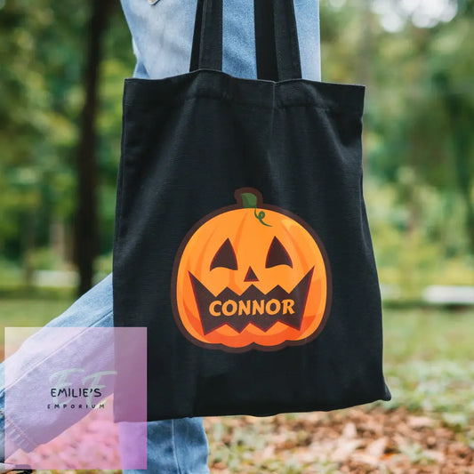 Personalised Pumpkin Halloween Treats Black Cotton Bag