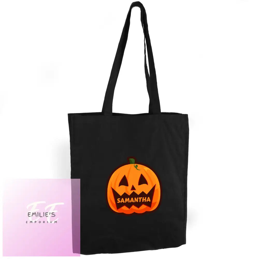 Personalised Pumpkin Halloween Treats Black Cotton Bag