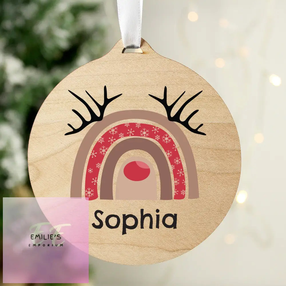 Personalised Rainbow Reindeer Round Wooden Decoration