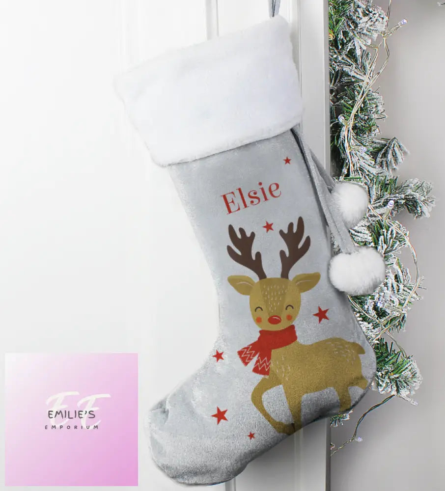 Personalised Reindeer Silver Grey Stocking