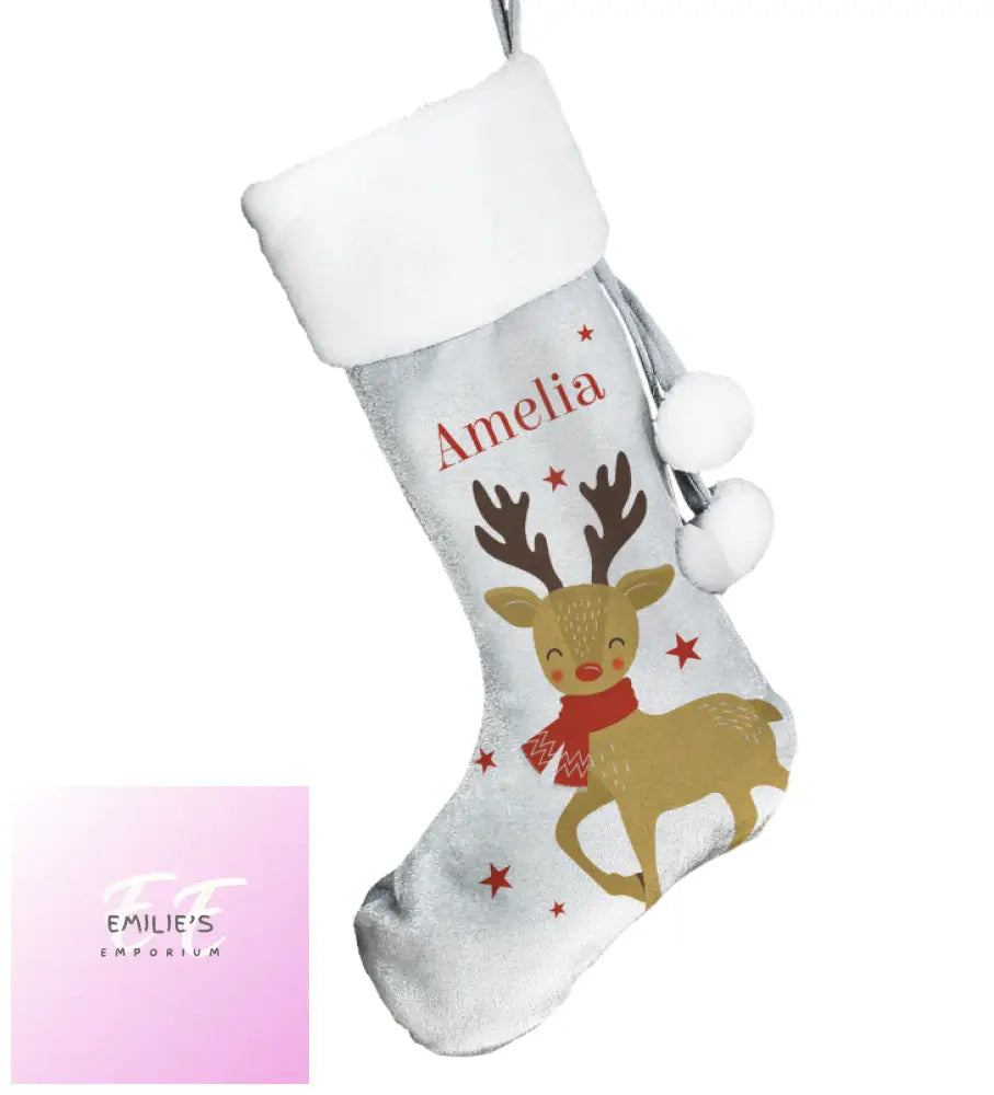 Personalised Reindeer Silver Grey Stocking