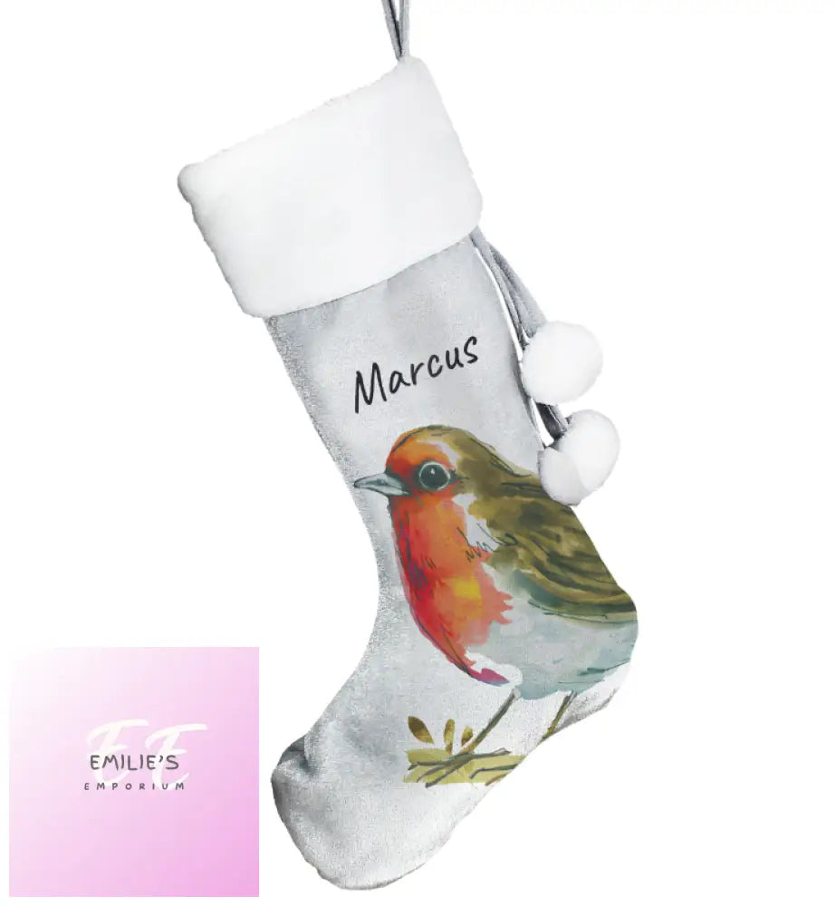 Personalised Robin Silver Grey Stocking