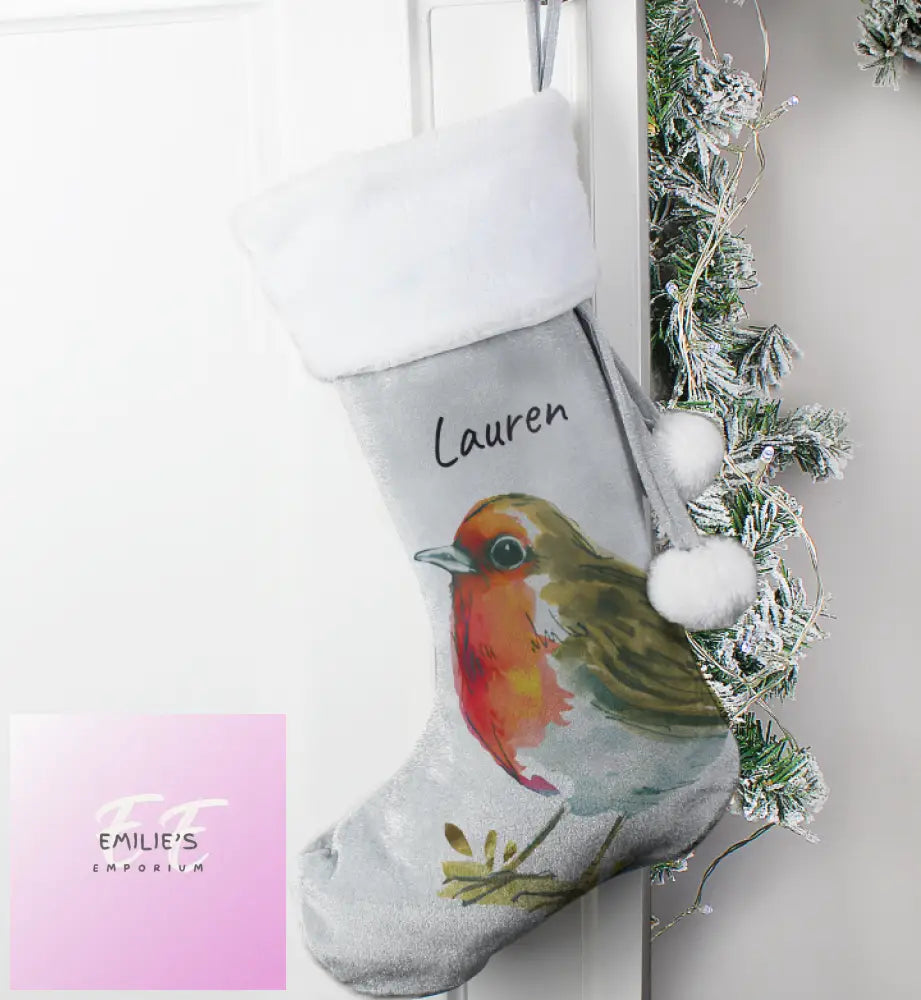 Personalised Robin Silver Grey Stocking