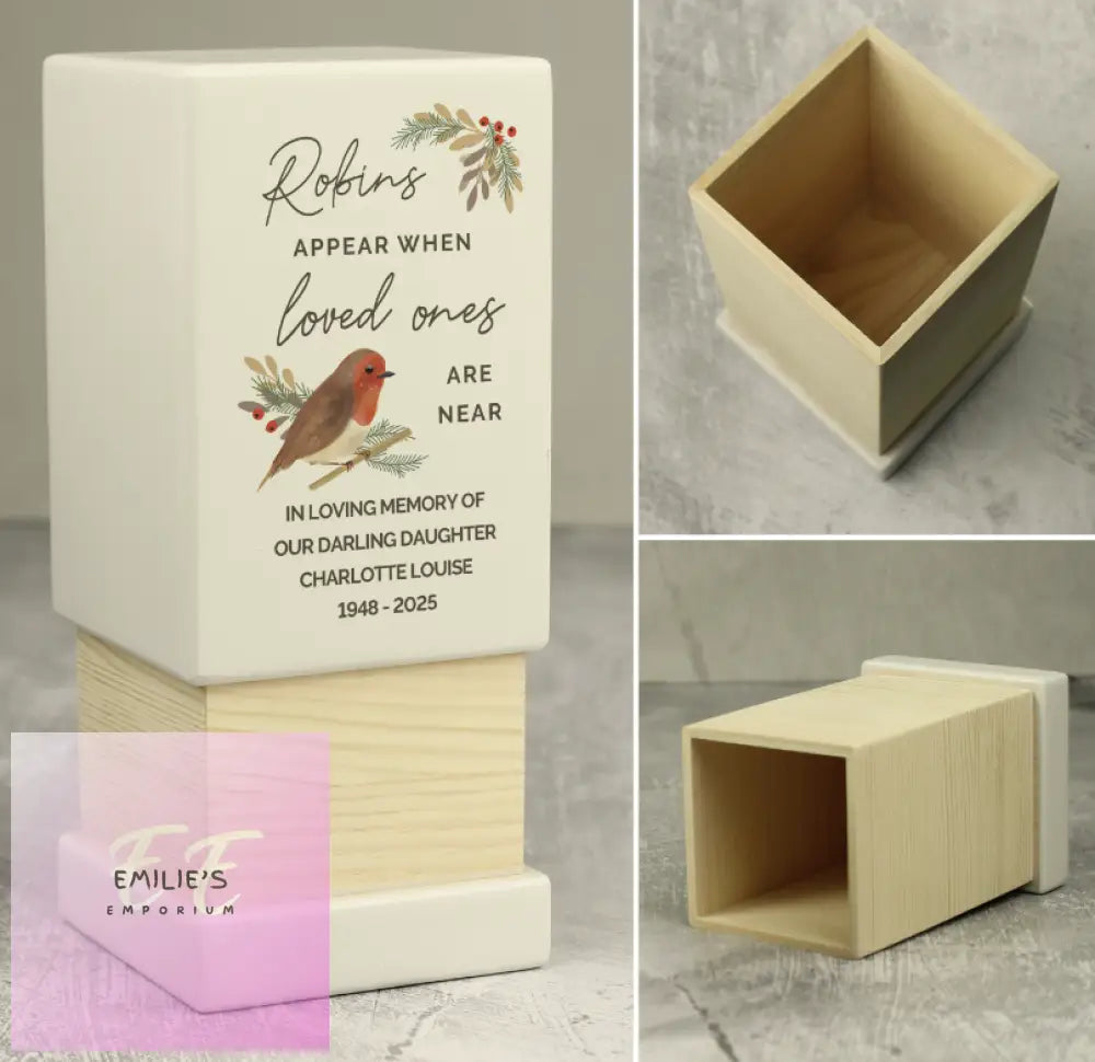 Personalised Robins Appear Small Wooden Urn