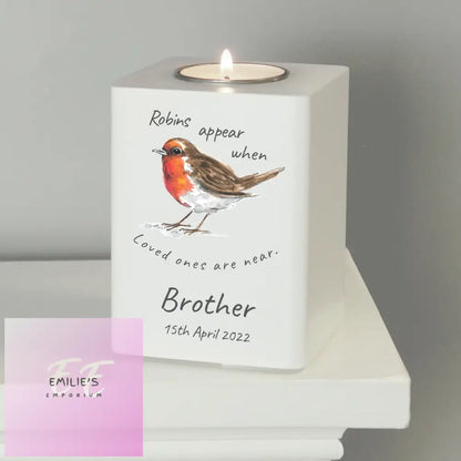 Personalised Robins Appear White Wooden Tea Light Holder