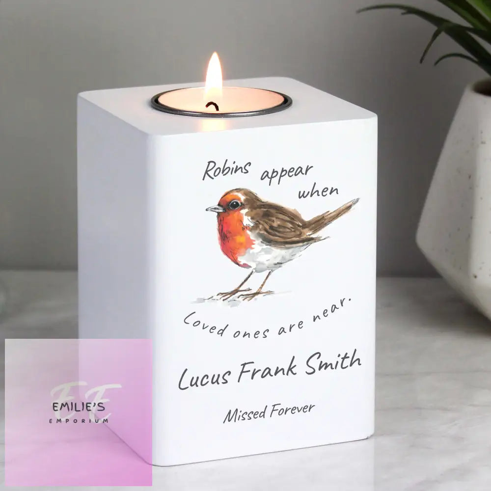 Personalised Robins Appear White Wooden Tea Light Holder