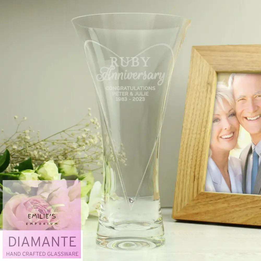 Personalised Ruby Anniversary Large Hand Cut Diamante Heart Vase