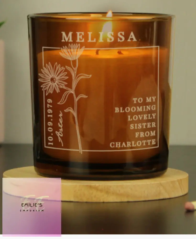 Personalised September Birth Flower Amber Glass Candle