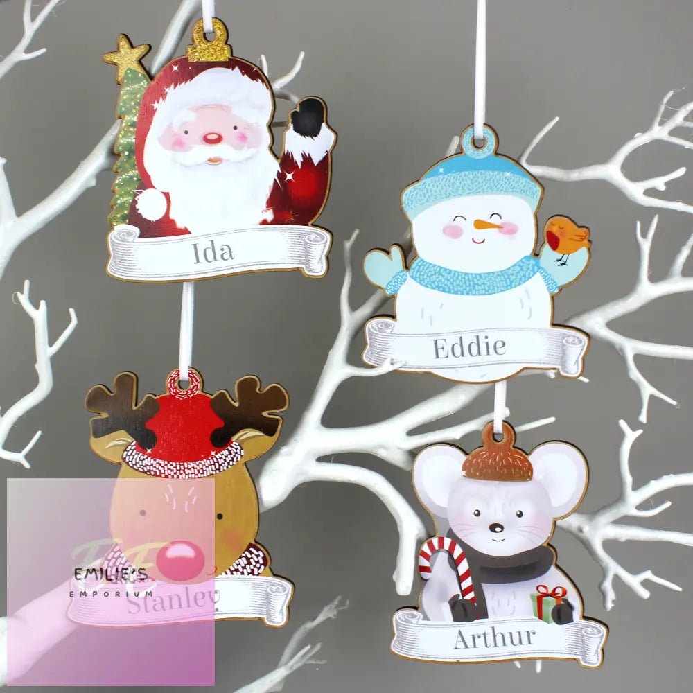 Personalised Set Of Four Colourful Christmas Characters Wooden Hanging Decorations