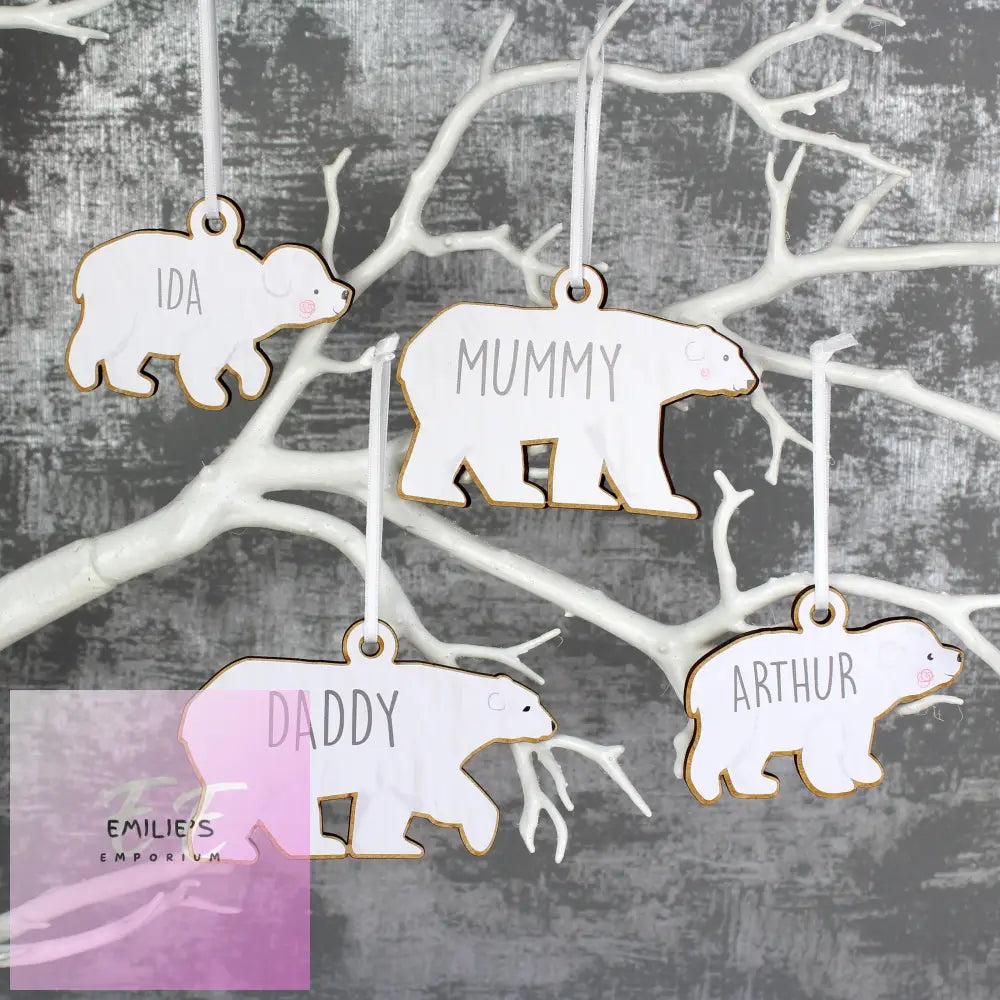 Personalised Set Of Four Polar Bear Family Wooden Hanging Decorations