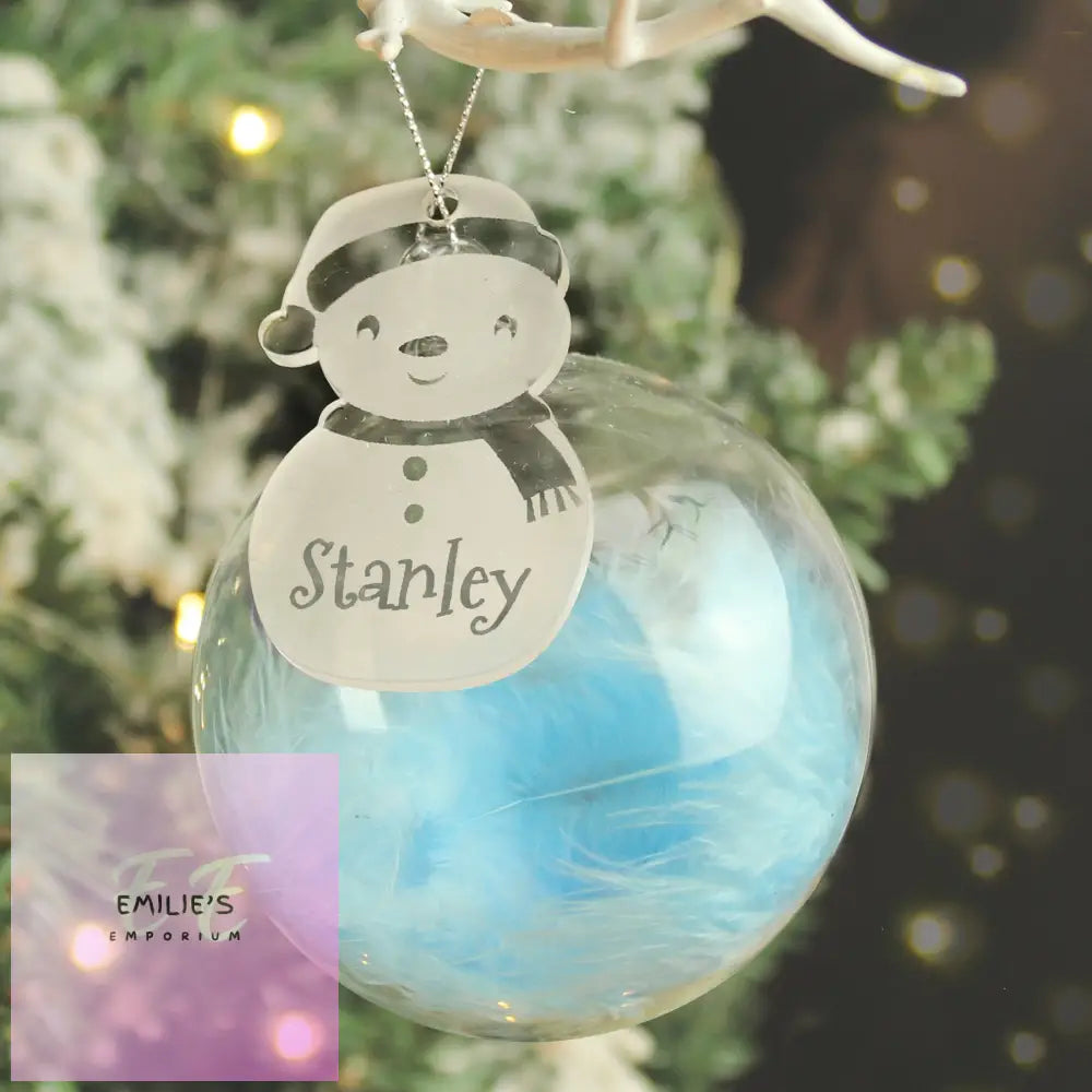 Personalised Snowman Acrylic Blue Feather Bauble