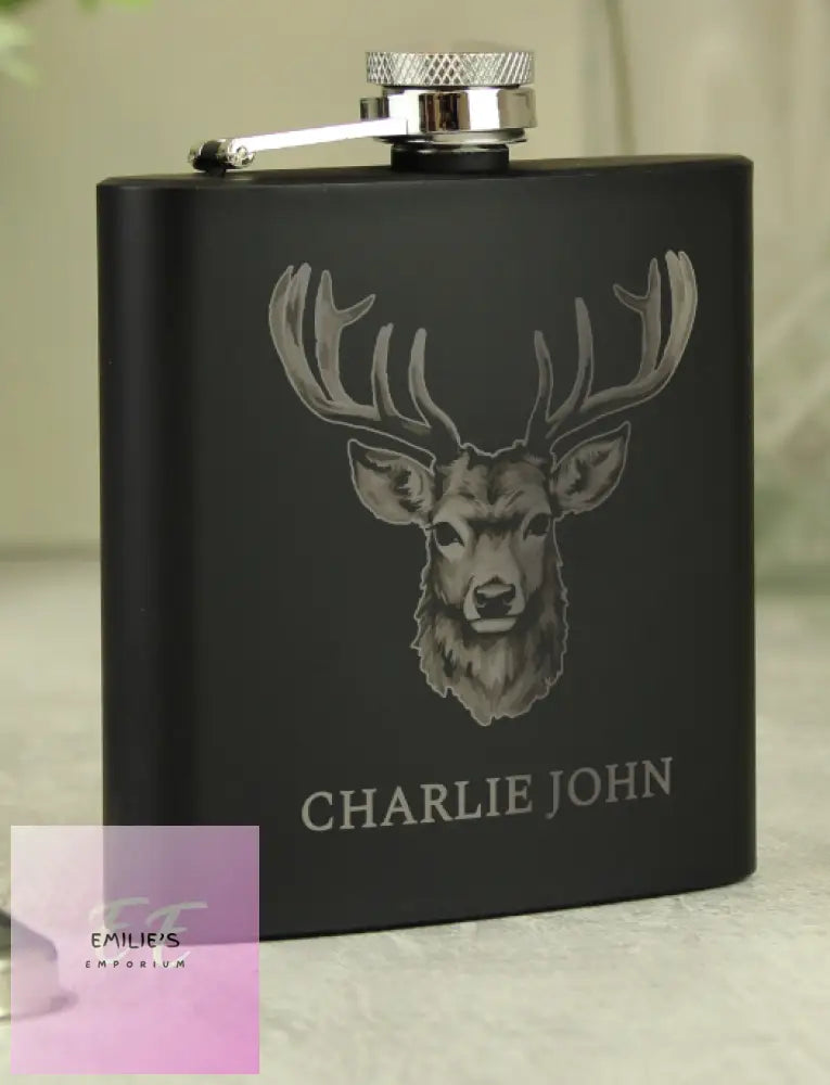 Personalised Stag Black Hip Flask