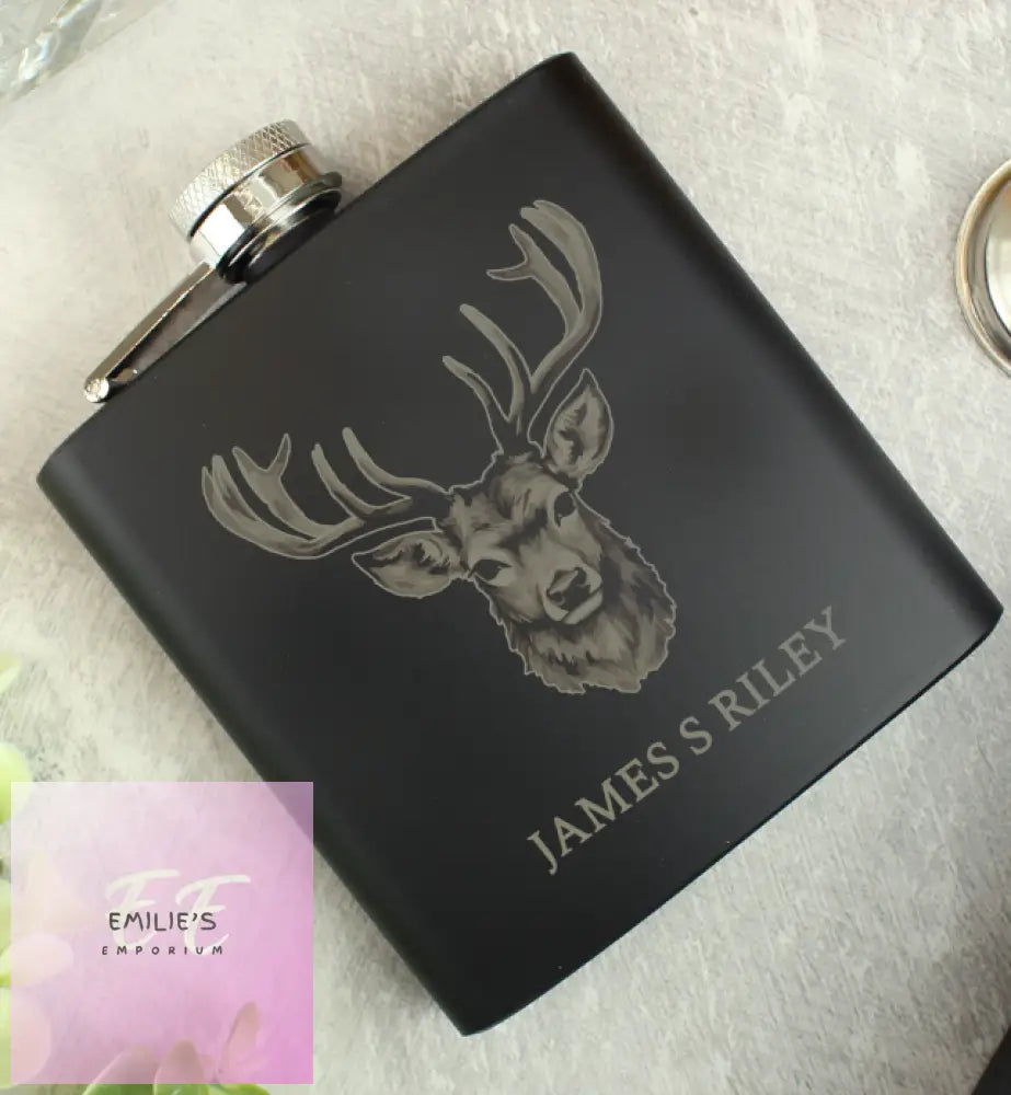 Personalised Stag Black Hip Flask