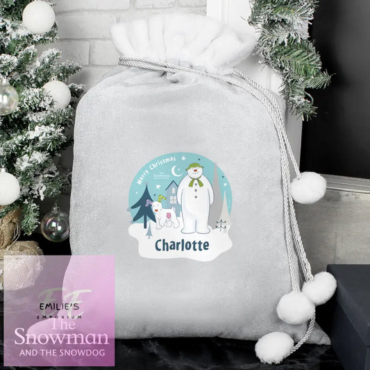 Personalised The Snowman And The Snowdog Luxury Silver Grey Pom Sack