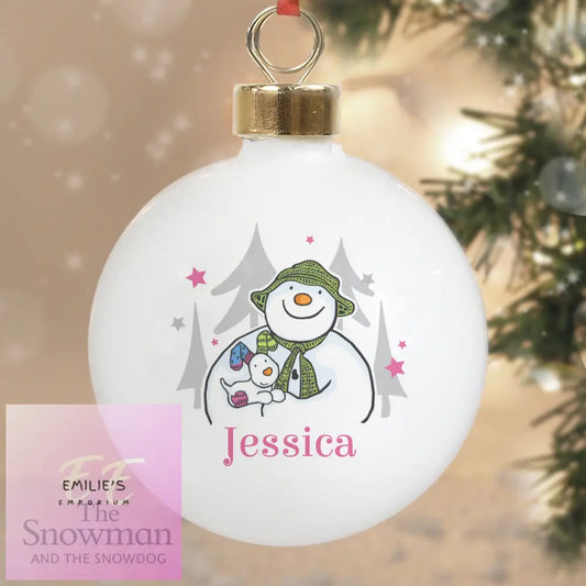 Personalised The Snowman And The Snowdog Pink Bauble