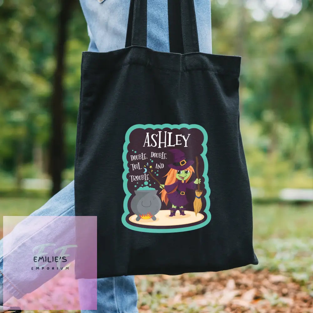 Personalised Toil & Trouble Halloween Treats Black Cotton Bag