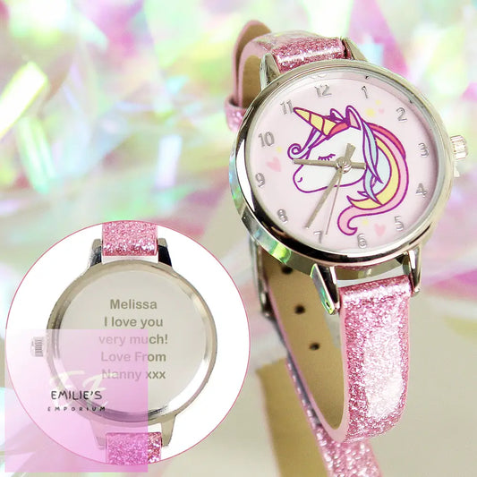 Personalised Unicorn With Pink Glitter Strap Girls Watch