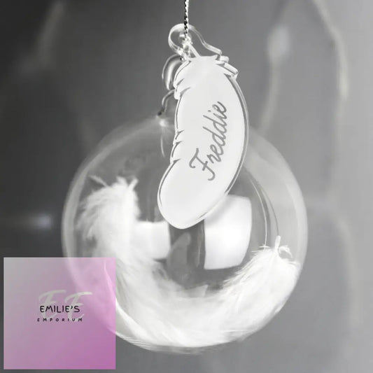 Personalised White Feather Glass Bauble