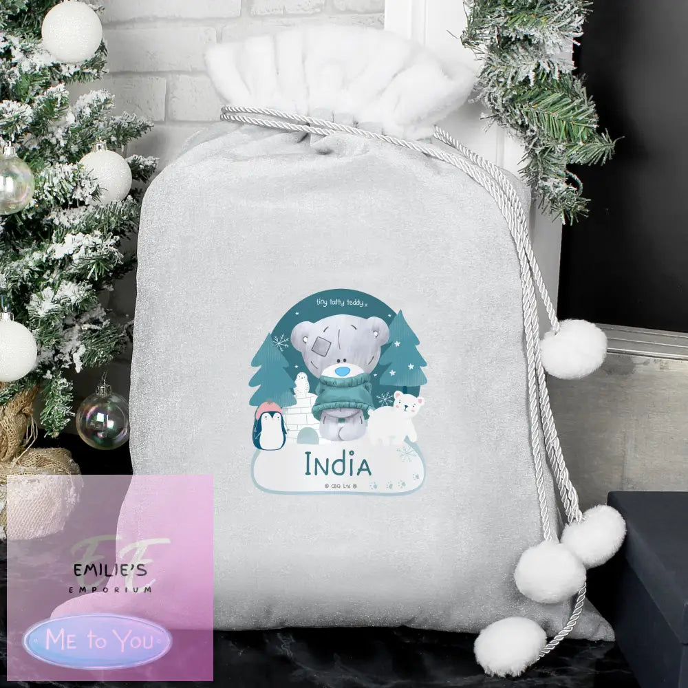 Personalised Winter Explorer Tiny Tatty Teddy Luxury Silver Grey Pom Sack