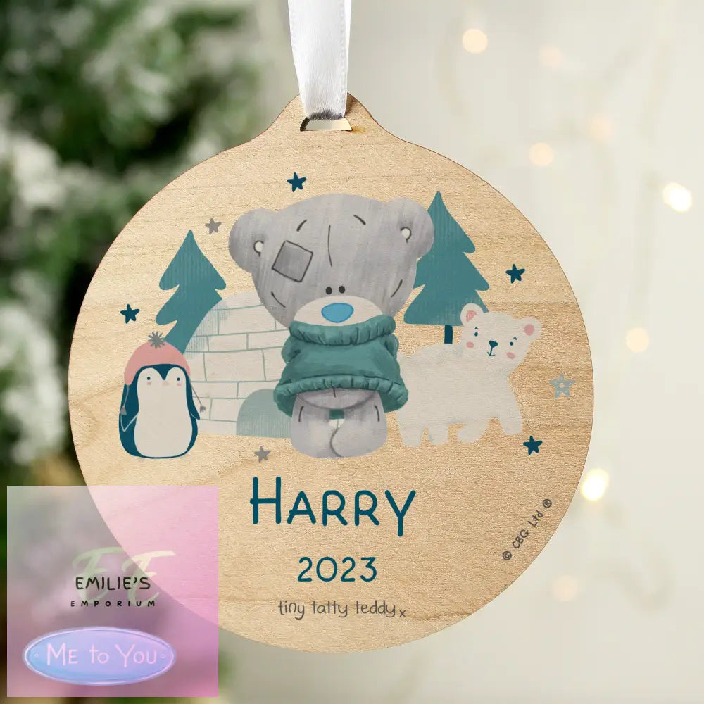 Personalised Winter Explorer Tiny Tatty Teddy Round Wooden Decoration