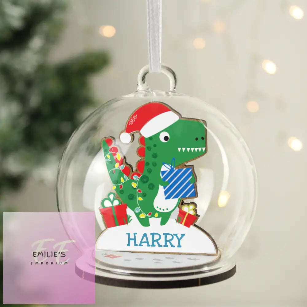 Personalised Wooden Dinosaur Glass Bauble