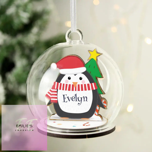 Personalised Wooden Penguin Glass Bauble